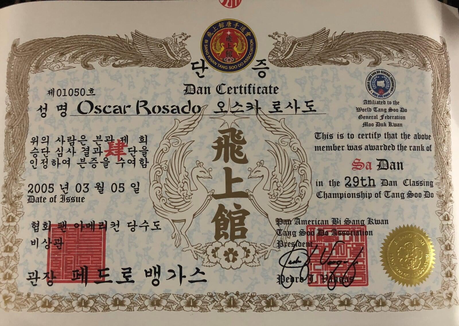 Certificacion 4to Dan en la Bi Sang Kwan Tang Soo Do